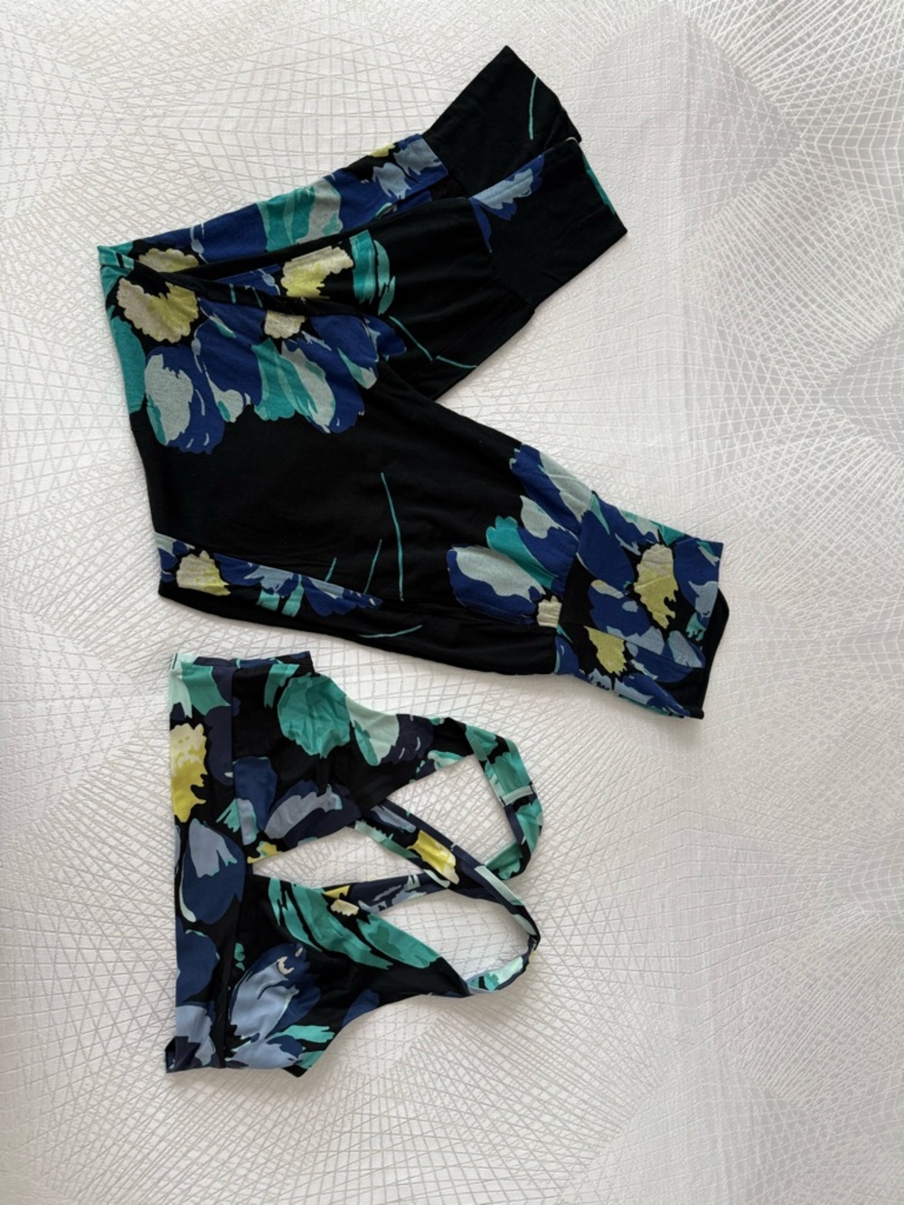aerie Black Floral Active Set with Blue, Teal & Yellow Accents